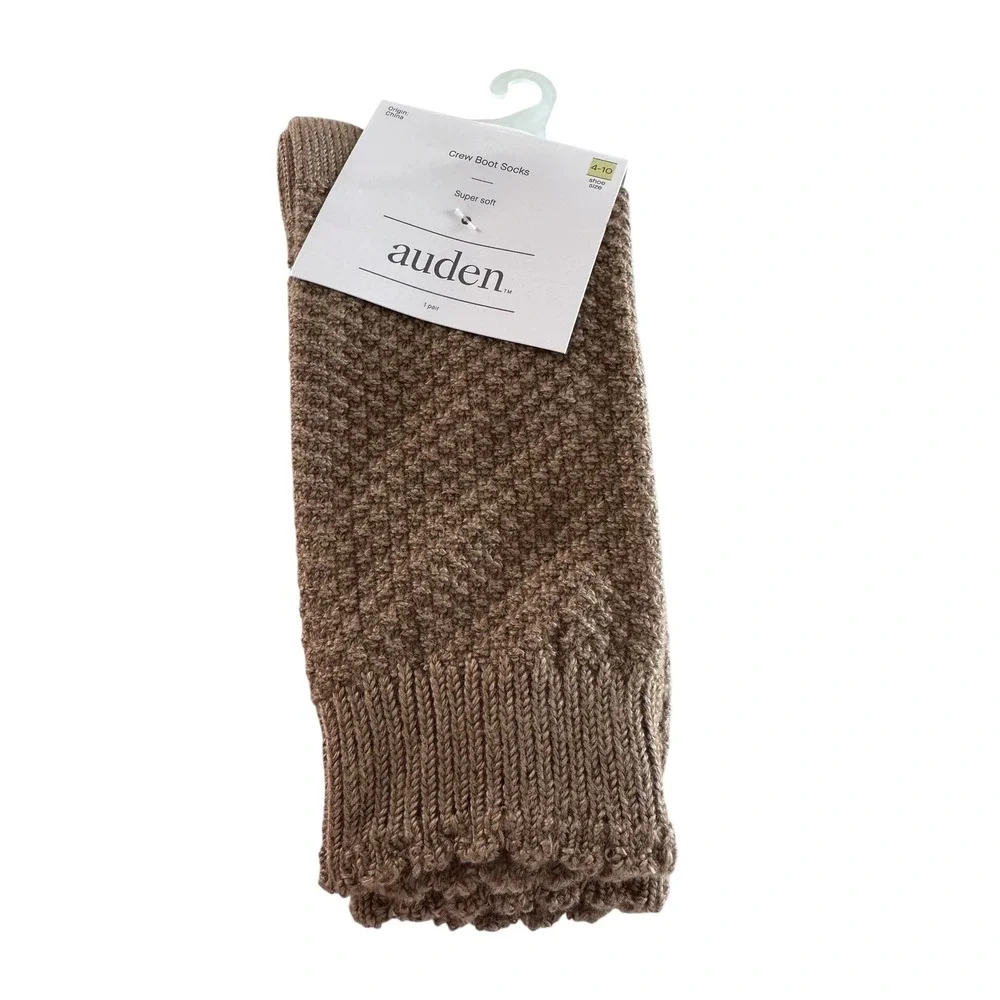 Auden Womens Super Soft Crew Boot Socks Brown Textured Knit 4 Pairs 4-10 NEW